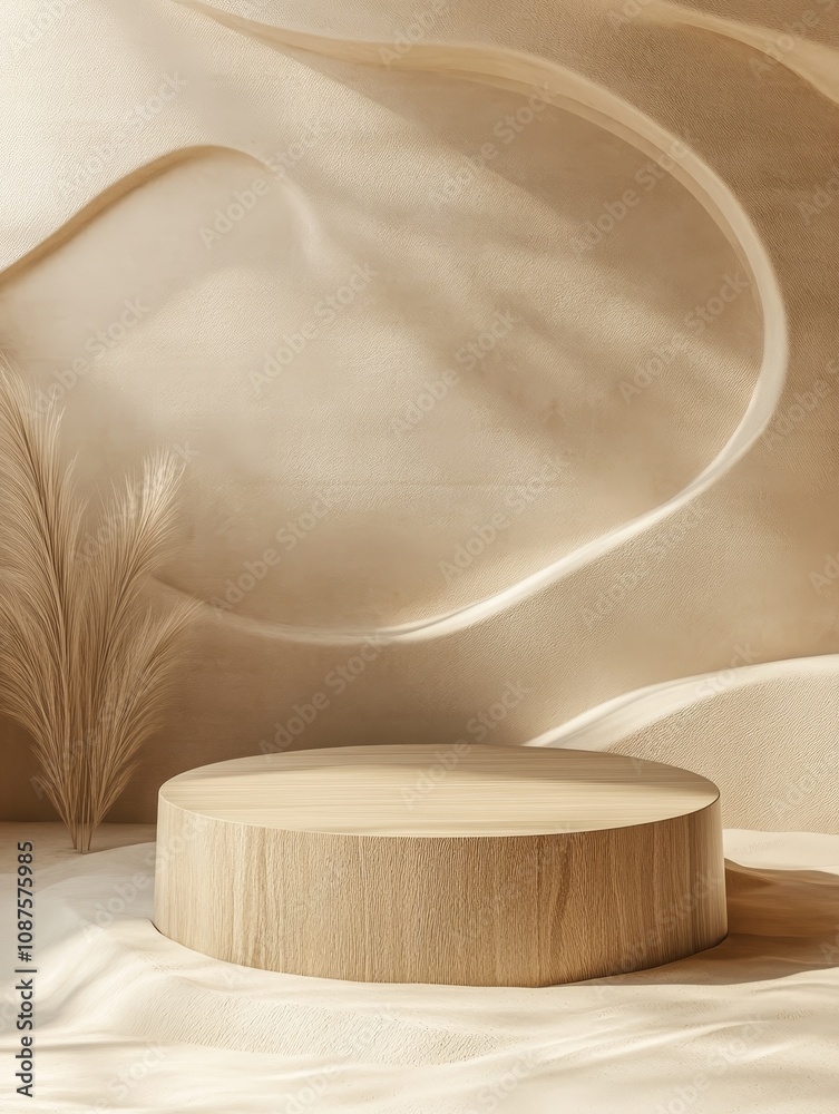 Elegant Wooden Podium on Sandy Background - Minimalist product display, sandy backdrop, wooden platform, natural light, elegant presentation.