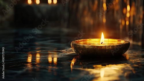 Candlelight reflecting off a polished surface in darkness, creating a warm, inviting ambiance perfect for meditation.