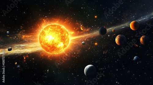 Dramatic Solar System Explosion in Deep Space with Celestial Bodies