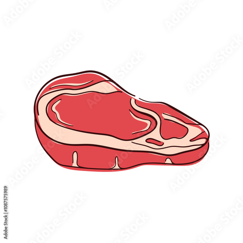 Raw steak piece with marbling in flat syle. Perfect for culinary, food, or grocery design. Isolated on white background.