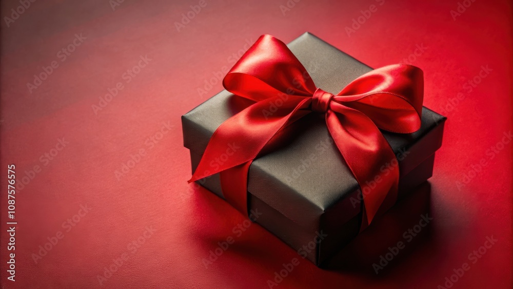 A black gift box adorned with a vibrant red satin ribbon, a symbol of love and celebration, resting on a deep red background. A black gift box adorned with a vibrant red satin ribbon, a symbol of love and celebration, resting on a deep red background.