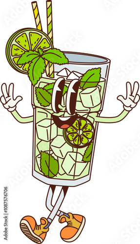 Cartoon retro groovy mojito glass character with ice cubes, lime slices, mint leaves and a straw, happily posing with peace signs. Isolated vector lively classic cocktail personage with playful smile
