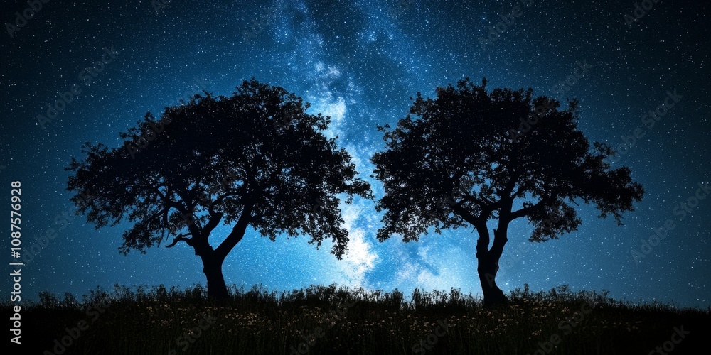Stunning Milky Way stars illuminate the night sky, creating a beautiful backdrop for the striking silhouettes of trees in the countryside. Experience the magic of Milky Way stars against nature. Stunning Milky Way stars illuminate the night sky, creating a beautiful backdrop for the striking silhouettes of trees in the countryside. Experience the magic of Milky Way stars against nature.