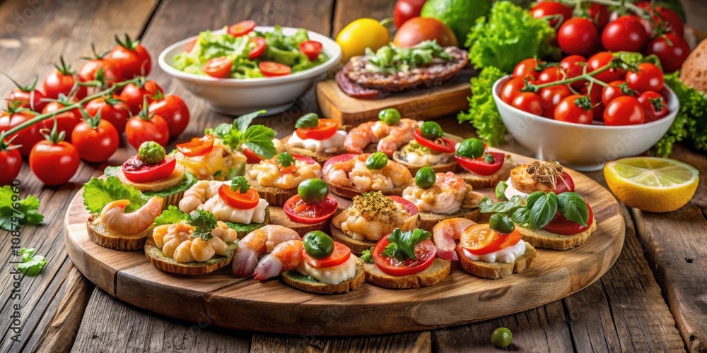 A Rustic Wooden Board Filled with Bite-Sized Appetizers Featuring Fresh Seafood, Tomatoes, Basil, and Creamy Spreads