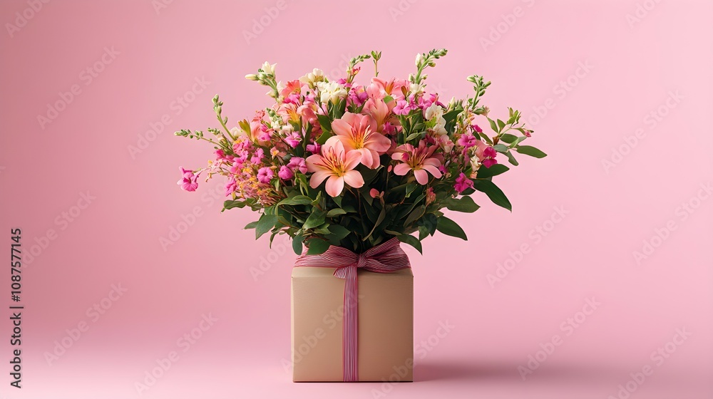 Gift box and bouquet of flowers on pink background. Happy Mothers Day concept Gift box and bouquet of flowers on pink background. Happy Mothers Day concept