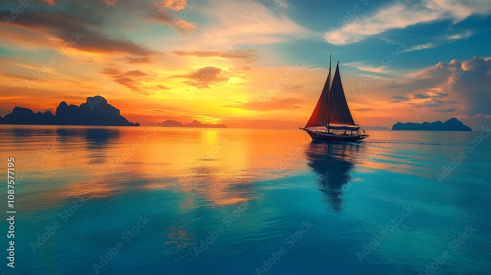 Fototapeta premium Breathtaking Sunset Sailboat Gliding Across Serene Turquoise Waters