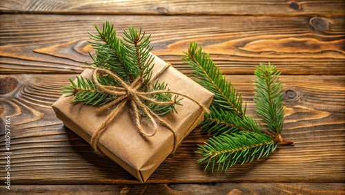 Rustic Christmas Gift Wrapped in Brown Paper with Twine and Evergreen Sprigs on a Wooden Background