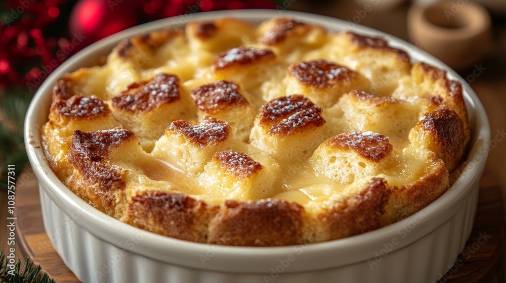 Delicious bread pudding with golden crust in festive setting Delicious bread pudding with golden crust in festive setting