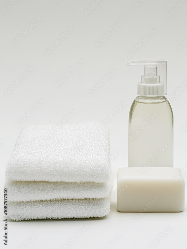 A minimalist arrangement of white towels, soap, and liquid soap for personal care.