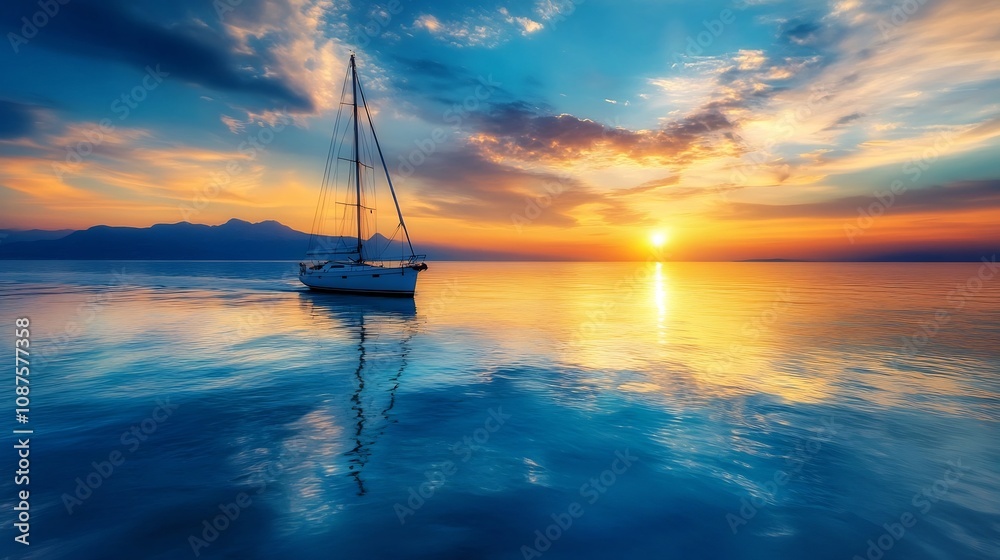 Fototapeta premium Sailing Boat Cruising Across Tranquil Waters at Magical Sunset