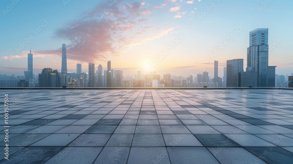Empty square floor with city skyline background, Waterfront city plaza photography, coastal cityscape vista Empty square floor with city skyline background, Waterfront city plaza photography, coastal cityscape vista