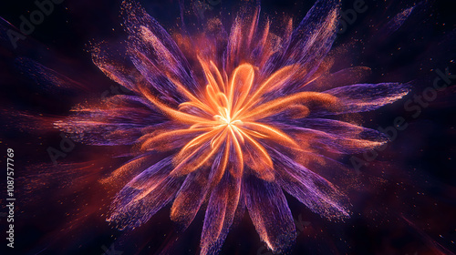 Vibrant digital art of a flower-like pattern with luminous orange and purple hues radiating from a central bright point against a dark background.