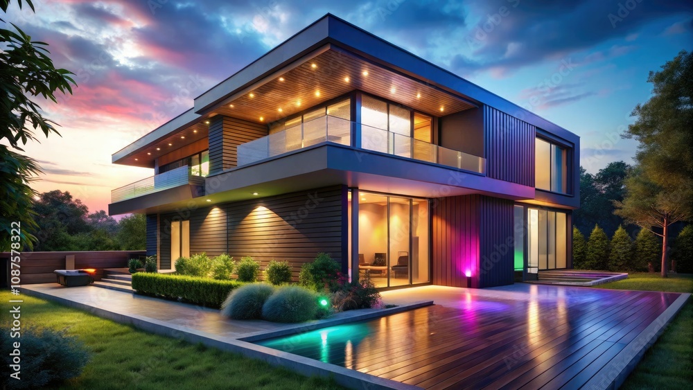 Obraz premium Eco-friendly House with Digital Illumination in a Dark Futuristic Setting
