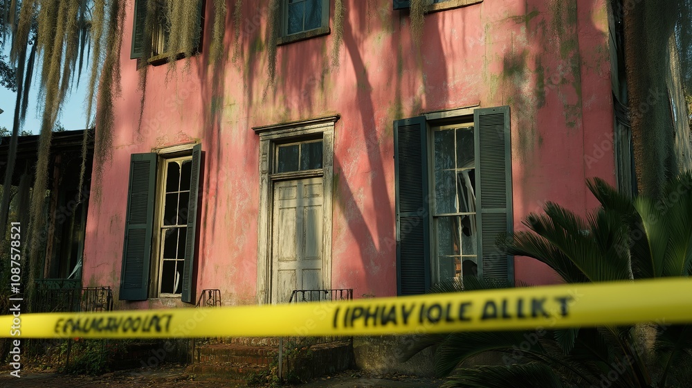 Fototapeta premium Police tape encircling an abandoned house, symbolizing caution and the need for vigilance in neglected areas, emphasizing the importance of community safety and awareness.