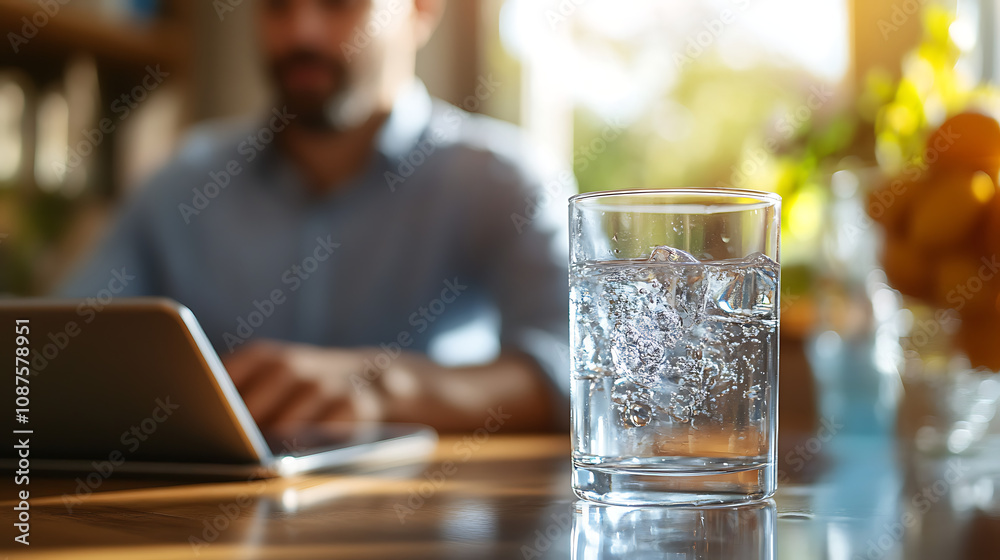 A man is sitting at a table with a glass of water in front of him A man is sitting at a table with a glass of water in front of him