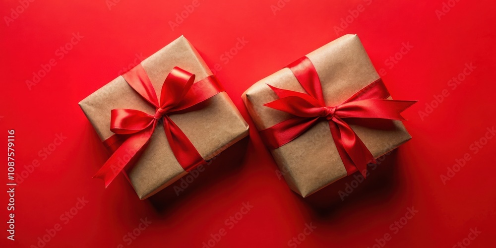 Two Gifts Wrapped in Brown Paper with Bright Red Ribbon on a Vibrant Red Background Two Gifts Wrapped in Brown Paper with Bright Red Ribbon on a Vibrant Red Background