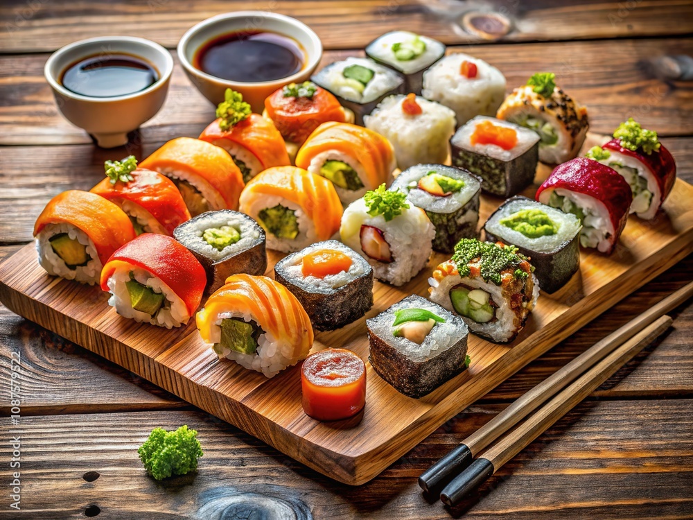 Indulge in a tempting array of sushi and maki rolls, served with soy sauce, elegantly arranged against a warm wooden backdrop for a perfect presentation.