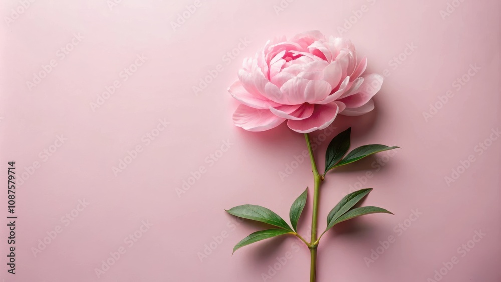 Fototapeta premium A delicate pink peony blossom with green leaves against a soft pink background, a simple and elegant floral composition.