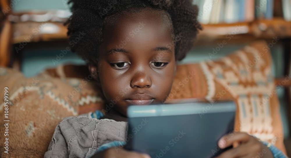 Children Online. African American Kid Accessing Digital Tablet for Communication Children Online. African American Kid Accessing Digital Tablet for Communication