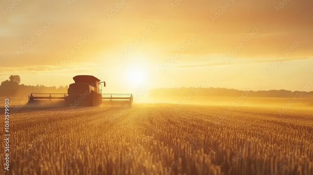Golden Harvest Sunset - Combine harvester at sunset, harvesting wheat, agriculture, rural landscape, golden hour. Golden Harvest Sunset - Combine harvester at sunset, harvesting wheat, agriculture, rural landscape, golden hour.