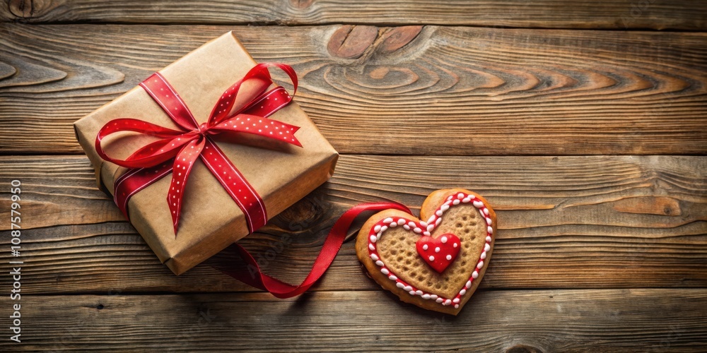 A heart-shaped gingerbread cookie with red and white icing and a gift wrapped in brown paper with a red ribbon and white polka dots on a rustic wooden surface A heart-shaped gingerbread cookie with red and white icing and a gift wrapped in brown paper with a red ribbon and white polka dots on a rustic wooden surface