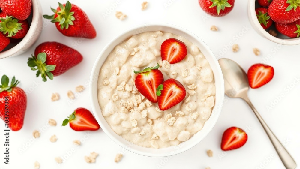 Start Your Day Right with a Delicious Bowl of Creamy Oatmeal Topped with Fresh Strawberries - Perfect for a Healthy Breakfast or Snack Start Your Day Right with a Delicious Bowl of Creamy Oatmeal Topped with Fresh Strawberries - Perfect for a Healthy Breakfast or Snack
