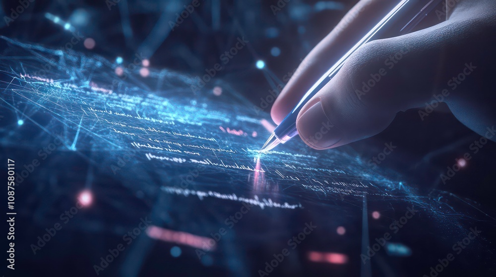 A 3D visualization of a legal contract being signed, with the text floating and digital signatures being applied in a dynamic, interactive space