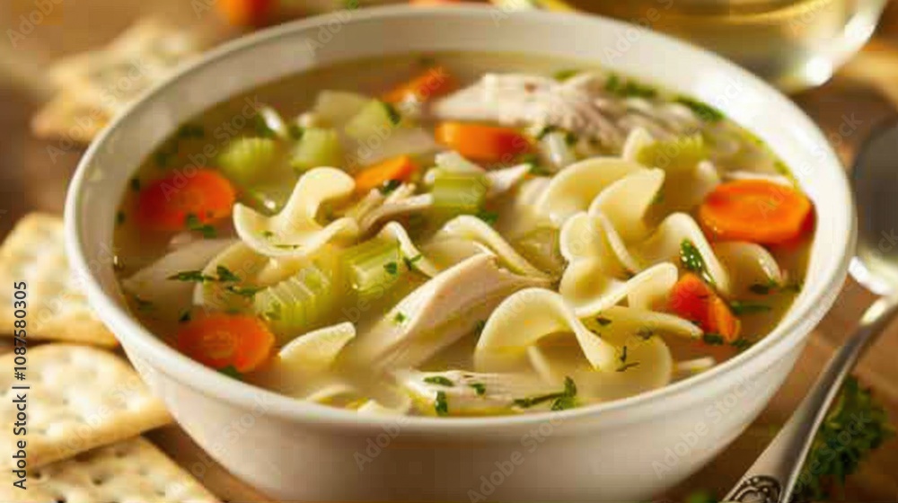 A bowl of comforting chicken noodle soup with tender chicken, carrots A bowl of comforting chicken noodle soup with tender chicken, carrots