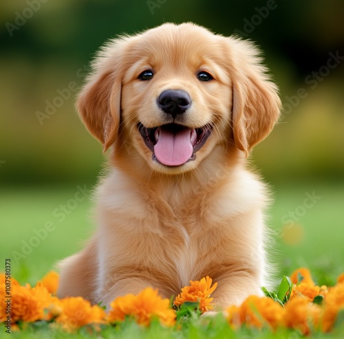 Adorable Golden Retriever Puppy Posing Amongst Orange Flowers - A Sweet and Playful Puppy Portrait