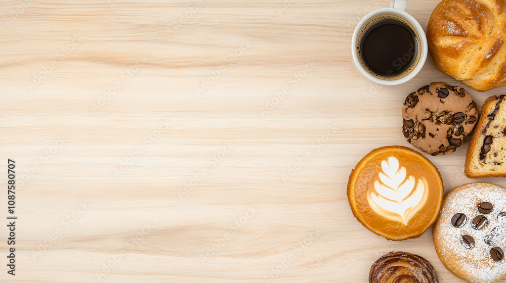 Freshly Baked Pastries and Coffee on Wooden Table with Space for Text, Perfect for Breakfast or Snack Time, Ideal for Food and Beverage Advertisements Freshly Baked Pastries and Coffee on Wooden Table with Space for Text, Perfect for Breakfast or Snack Time, Ideal for Food and Beverage Advertisements
