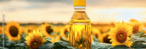 Golden Sunflower Oil in a Vibrant Field - Sunflower oil bottle in a sunlit field, symbolizing nature, health, purity, nourishment, and summer. photo