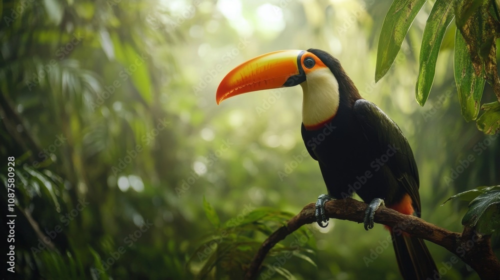 Vibrant toucan perched on a branch in a lush tropical rainforest filled with greenery and sunlight illuminating the serene environment showcasing nature's beauty Vibrant toucan perched on a branch in a lush tropical rainforest filled with greenery and sunlight illuminating the serene environment showcasing nature's beauty