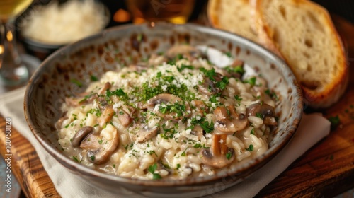 A bowl of creamy mushroom risotto with Arborio rice, wild mushrooms