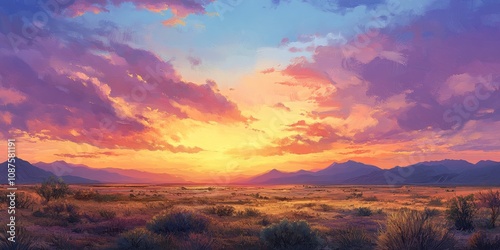 Vibrant colors of the sky at sunset showcase the beauty of the countryside desert, highlighting the serene landscape as the day transitions into night with breathtaking countryside views.