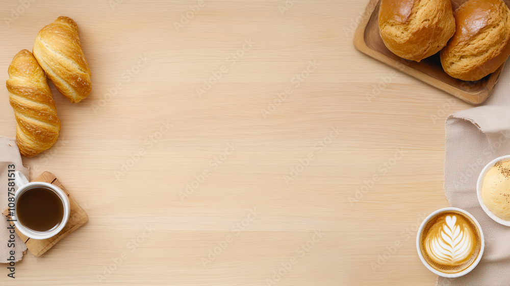 Cozy Coffee and Fresh Pastries on Wooden Table Background Perfect for Morning Breakfast or Cafe Setting with Croissants and Latte Art