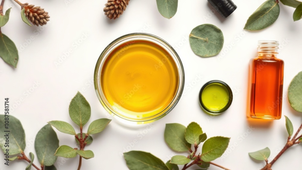Natural Beauty Essentials: Elegant Display of Golden Oil, Herbs, and Essential Oils for Skincare and Wellness Natural Beauty Essentials: Elegant Display of Golden Oil, Herbs, and Essential Oils for Skincare and Wellness