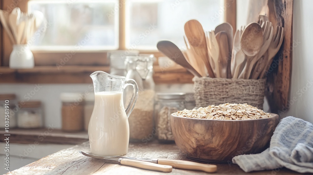 A warm rustic kitchen scene with a jug of almond milk, wooden utensils, and a bowl of oats A warm rustic kitchen scene with a jug of almond milk, wooden utensils, and a bowl of oats