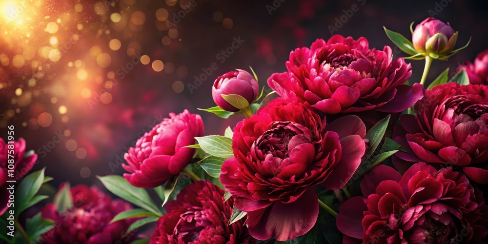 A vibrant bouquet of velvety red peonies with delicate green leaves, illuminated by warm golden light, creating a captivating and romantic ambiance. A vibrant bouquet of velvety red peonies with delicate green leaves, illuminated by warm golden light, creating a captivating and romantic ambiance.