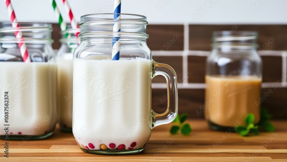 Refreshing Summer Drinks in Mason Jars with Colorful Straws and Mint Leaves on a Rustic Wooden Table Refreshing Summer Drinks in Mason Jars with Colorful Straws and Mint Leaves on a Rustic Wooden Table