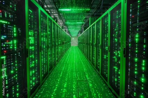 Green Data Center Corridor with Illuminated Servers - Data center, servers, technology, networking, digital. A vibrant green illuminated corridor of powerful servers.