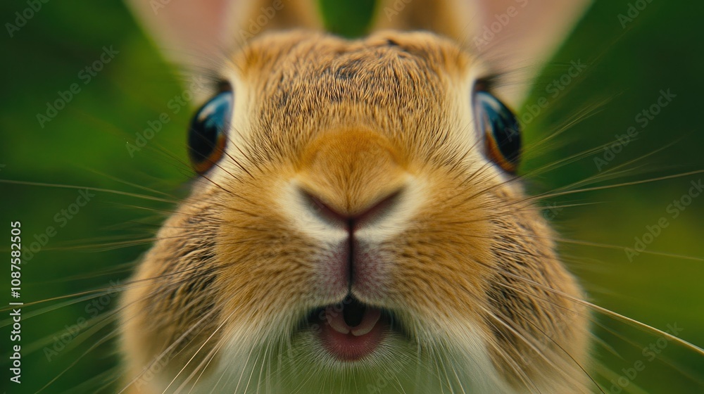 Close-up of a European rabbit's face, with big eyes and a soft nose, captured against a natural green background. Close-up of a European rabbit's face, with big eyes and a soft nose, captured against a natural green background.