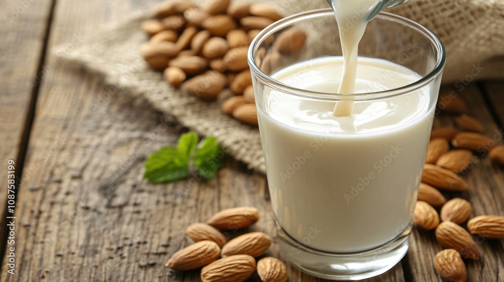 Close up of almond milk being poured into a glass, surrounded by scattered almonds on a rustic wood table Close up of almond milk being poured into a glass, surrounded by scattered almonds on a rustic wood table