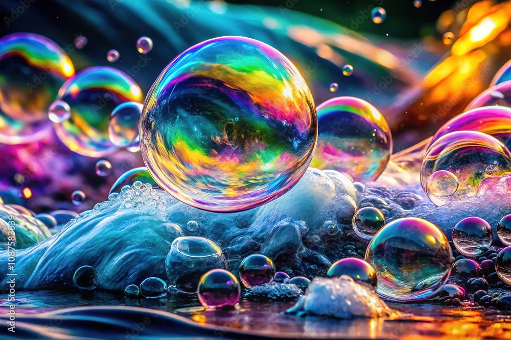 Light trails and fleeting spheres: soap bubbles burst in a long exposure splash. Light trails and fleeting spheres: soap bubbles burst in a long exposure splash.