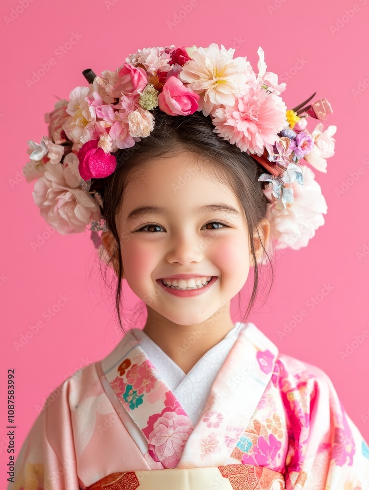 Adorable Girl in Pink Kimono and Floral Crown - Smiling girl, pink kimono, floral headpiece, Japanese culture, child portrait. Adorable Girl in Pink Kimono and Floral Crown - Smiling girl, pink kimono, floral headpiece, Japanese culture, child portrait.