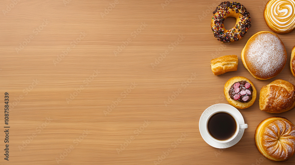 Delicious Variety of Fresh Pastries and Donuts Arranged Neatly on a Wooden Table with a Cup of Coffee for a Perfect Morning Treat or Dessert Indulgence