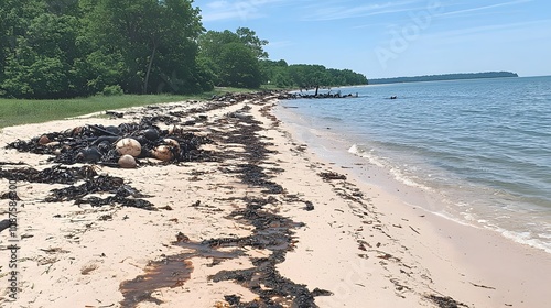 Beach strewn with oil-drenched debris and dead wildlife. 