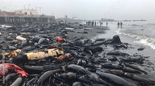 Beach strewn with oil-drenched debris and dead wildlife. 
