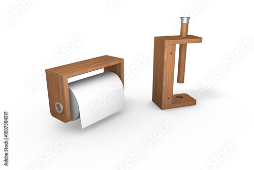 Wooden kitchen roll holders showing different mounting options in 3d render