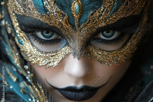 Close-Up of Ornate Gold and Black Masquerade Mask with Intense Eyes