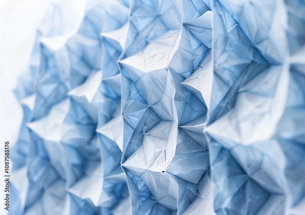 A close-up of an origami paper wall, made from soft blue and white hues, is featured against a clean background. A close-up of an origami paper wall, made from soft blue and white hues, is featured against a clean background.